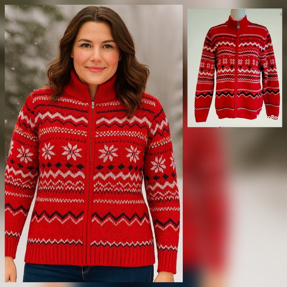 VTG Breckenridge Fair Isle Nordic Zip Front Red Cardigan Sweater Sz XL NEW